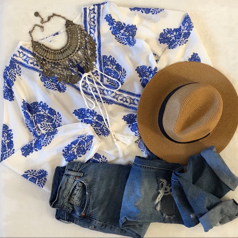 Boho Crossover Half-Tuck Peasant Blouse S(4)